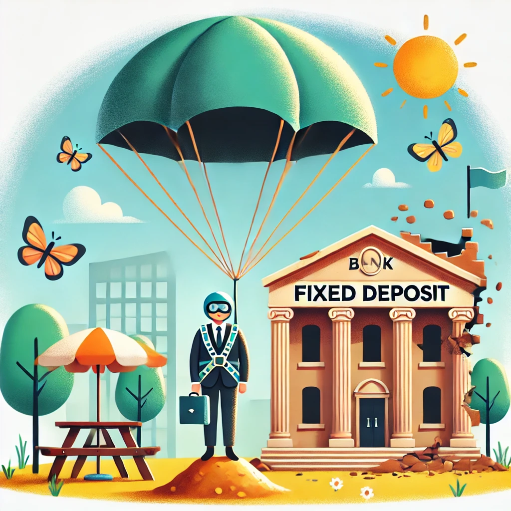 A fun illustration of a fixed deposit represented as a person wearing a parachute standing safely while a bank building crumbles in the background