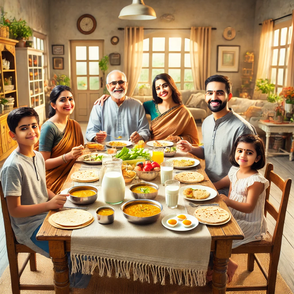 A cheerful Indian family sitting around a traditional wooden dining table enjoying a variety of foods like roti daal milk eggs and vegetables