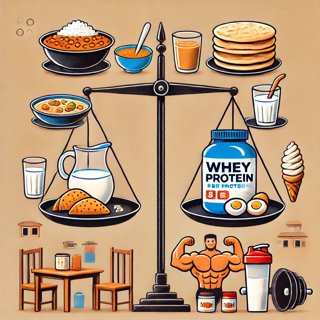 A humorous illustration comparing common Indian foods like roti daal milk and eggs with gym supplements like whey protein and protein shakes.