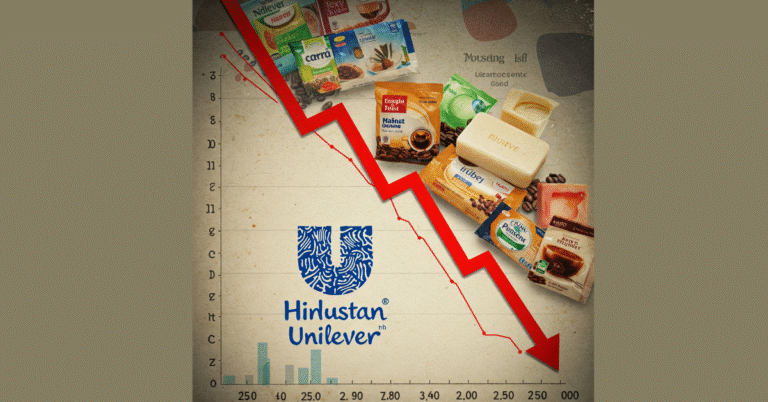 HUL Q4 results showing profit decline with stock chart and FMCG products in the background